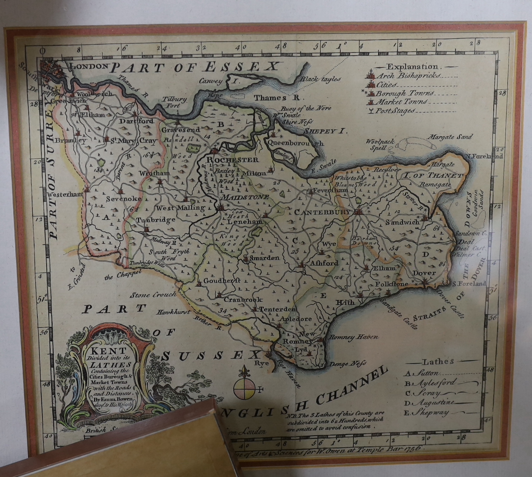 Six antique maps of Kent including examples by John Rocque, William Owen and John Cary, together with three 19th century colour engravings, largest 34 x 43cm